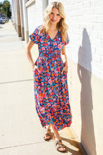 Load image into Gallery viewer, Find Love Blue Floral Raglan Puff Sleeves V Neck Smocked Waist Maxi
