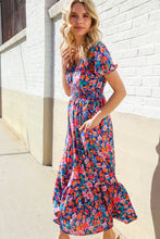 Load image into Gallery viewer, Find Love Blue Floral Raglan Puff Sleeves V Neck Smocked Waist Maxi
