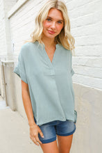 Load image into Gallery viewer, Casual Chic Sage Linen Notch Neck Dolman Short Sleeve Top
