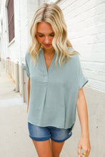 Load image into Gallery viewer, Casual Chic Sage Linen Notch Neck Dolman Short Sleeve Top
