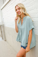 Load image into Gallery viewer, Casual Chic Sage Linen Notch Neck Dolman Short Sleeve Top
