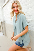 Load image into Gallery viewer, Casual Chic Sage Linen Notch Neck Dolman Short Sleeve Top

