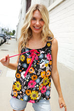 Load image into Gallery viewer, Flower Power Black Sleeveless Babydoll Bow Tie Top
