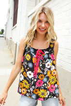 Load image into Gallery viewer, Flower Power Black Sleeveless Babydoll Bow Tie Top

