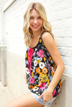 Load image into Gallery viewer, Flower Power Black Sleeveless Babydoll Bow Tie Top
