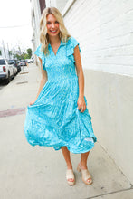 Load image into Gallery viewer, Find Love Blue Boho Print Flutter Sleeve Fit &amp; Flare Dress
