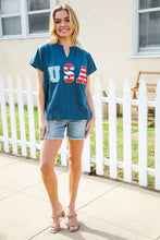 Load image into Gallery viewer, Patriotic Denim Blue French Terry Plaid Star Patch Top

