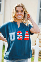 Load image into Gallery viewer, Patriotic Denim Blue French Terry Plaid Star Patch Top
