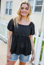 Load image into Gallery viewer, Spring Vibes Midnight Eyelet Puff Sleeve Babydoll Top
