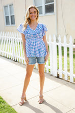 Load image into Gallery viewer, Hello Beautiful Blue Plaid V Neck Ruffle Elastic Babydoll Top
