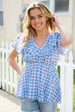 Load image into Gallery viewer, Hello Beautiful Blue Plaid V Neck Ruffle Elastic Babydoll Top
