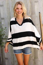 Load image into Gallery viewer, The Traveler Black/White Stripe Dolman Notch Neck Sweater Poncho
