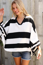 Load image into Gallery viewer, The Traveler Black/White Stripe Dolman Notch Neck Sweater Poncho
