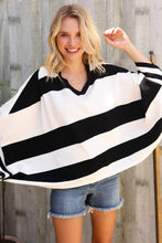 Load image into Gallery viewer, The Traveler Black/White Stripe Dolman Notch Neck Sweater Poncho

