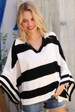 Load image into Gallery viewer, The Traveler Black/White Stripe Dolman Notch Neck Sweater Poncho
