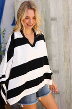Load image into Gallery viewer, The Traveler Black/White Stripe Dolman Notch Neck Sweater Poncho

