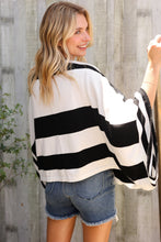 Load image into Gallery viewer, The Traveler Black/White Stripe Dolman Notch Neck Sweater Poncho
