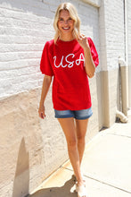 Load image into Gallery viewer, Patriotic USA Red Knit Embroidery Puff Sleeve Sweater Top
