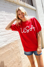 Load image into Gallery viewer, Patriotic USA Red Knit Embroidery Puff Sleeve Sweater Top
