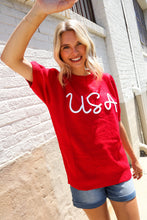 Load image into Gallery viewer, Patriotic USA Red Knit Embroidery Puff Sleeve Sweater Top
