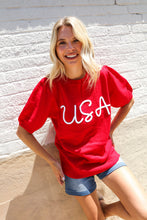 Load image into Gallery viewer, Patriotic USA Red Knit Embroidery Puff Sleeve Sweater Top
