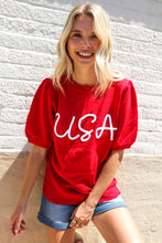 Load image into Gallery viewer, Patriotic USA Red Knit Embroidery Puff Sleeve Sweater Top
