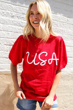Load image into Gallery viewer, Patriotic USA Red Knit Embroidery Puff Sleeve Sweater Top
