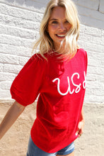 Load image into Gallery viewer, Patriotic USA Red Knit Embroidery Puff Sleeve Sweater Top
