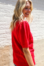 Load image into Gallery viewer, Patriotic USA Red Knit Embroidery Puff Sleeve Sweater Top
