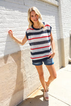 Load image into Gallery viewer, Feeling Festive Red White &amp; Blue Striped Crochet Sweater Top

