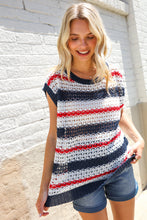 Load image into Gallery viewer, Feeling Festive Red White &amp; Blue Striped Crochet Sweater Top
