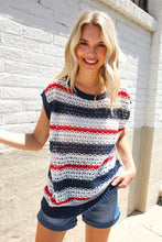 Load image into Gallery viewer, Feeling Festive Red White &amp; Blue Striped Crochet Sweater Top
