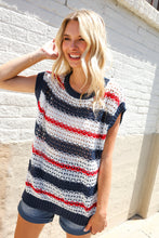 Load image into Gallery viewer, Feeling Festive Red White &amp; Blue Striped Crochet Sweater Top
