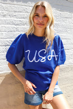 Load image into Gallery viewer, Patriotic USA Blue Knit Embroidery Puff Sleeve Sweater Top
