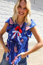 Load image into Gallery viewer, American Flag Blue &amp; Red Stars &amp; Bow Print Woven Top
