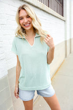 Load image into Gallery viewer, Weekend Ready Sage Collar Notch Neck Waffle Knit Top
