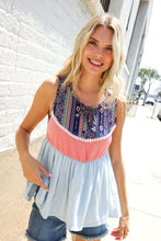 Load image into Gallery viewer, Vacay Vibes Coral/Blue Boho Print Color Block Sleeveless Top
