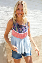 Load image into Gallery viewer, Vacay Vibes Coral/Blue Boho Print Color Block Sleeveless Top
