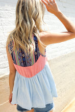 Load image into Gallery viewer, Vacay Vibes Coral/Blue Boho Print Color Block Sleeveless Top
