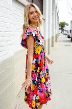 Load image into Gallery viewer, Spread Joy Black &amp; Multicolor Floral Flutter Sleeve Babydoll Dress
