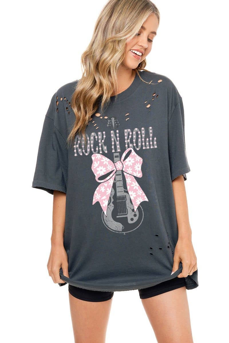 SWEET ROCK N' ROLL 'PUFF' Bow Graphic Oversized Distressed Tee- ZUTTER