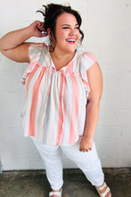 Load image into Gallery viewer, Coral &amp; Light Blue Stripe Waffle Tie Neck Top
