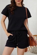 Load image into Gallery viewer, Black 2pcs Solid Textured Drawstring Shorts Set
