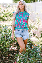 Load image into Gallery viewer, Green Floral Ruffled Flutter Sleeve Ruched Blouse
