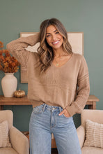 Load image into Gallery viewer, Cozy Caramel V-Neck Sweater with Crochet Sleeves
