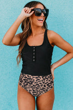 Load image into Gallery viewer, Black Square Neck Sleeveless Fashion Print Tankini Set
