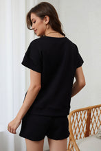 Load image into Gallery viewer, Black 2pcs Solid Textured Drawstring Shorts Set

