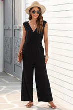 Load image into Gallery viewer, Black Deep V Pleated Crisscross Wide Leg Backless Jumpsuit
