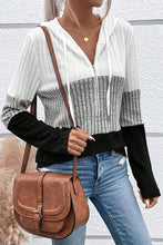 Load image into Gallery viewer, DEAR LOVE- Black Color Block Ribbed Half Zip Drawstring Hooded Top
