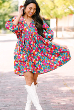 Load image into Gallery viewer, Sky Blue Floral Print Tie Split Neck Bubble Sleeve Babydoll Dress
